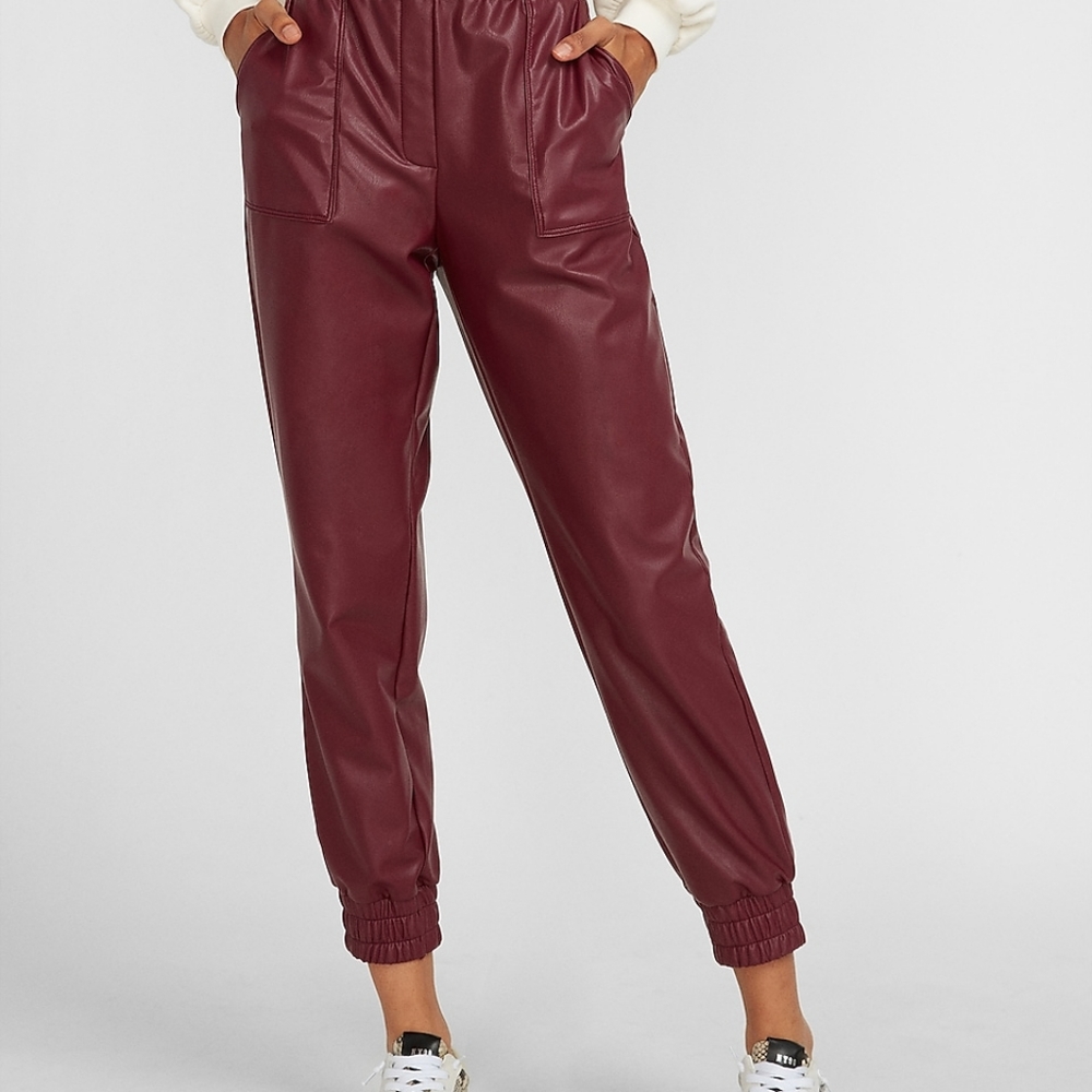 Express Maroon High Waisted Faux Leather Pull On Joggers Size XL NWT